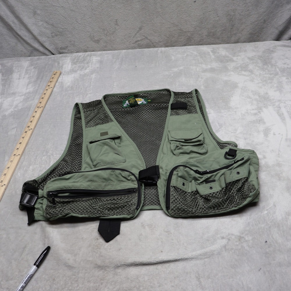Cabelas Vest Mens L/XL Green Mesh Multi Pocket Utility Fishing Full Zip Outdoor